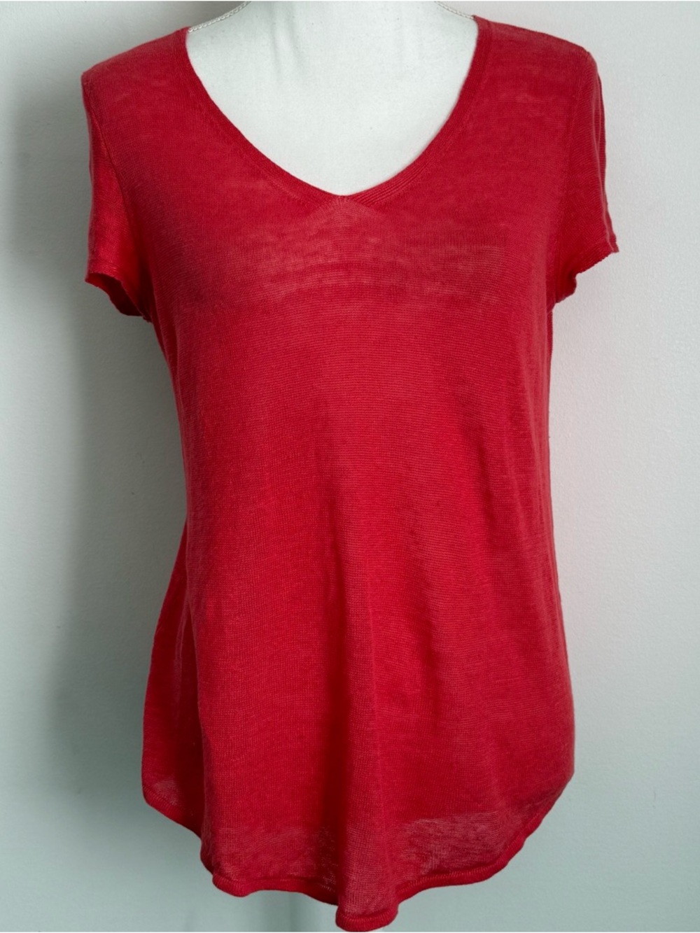 Eileen Fisher Organic Linen Knit Tee Top Red Short Sleeve V-Neck Size Small